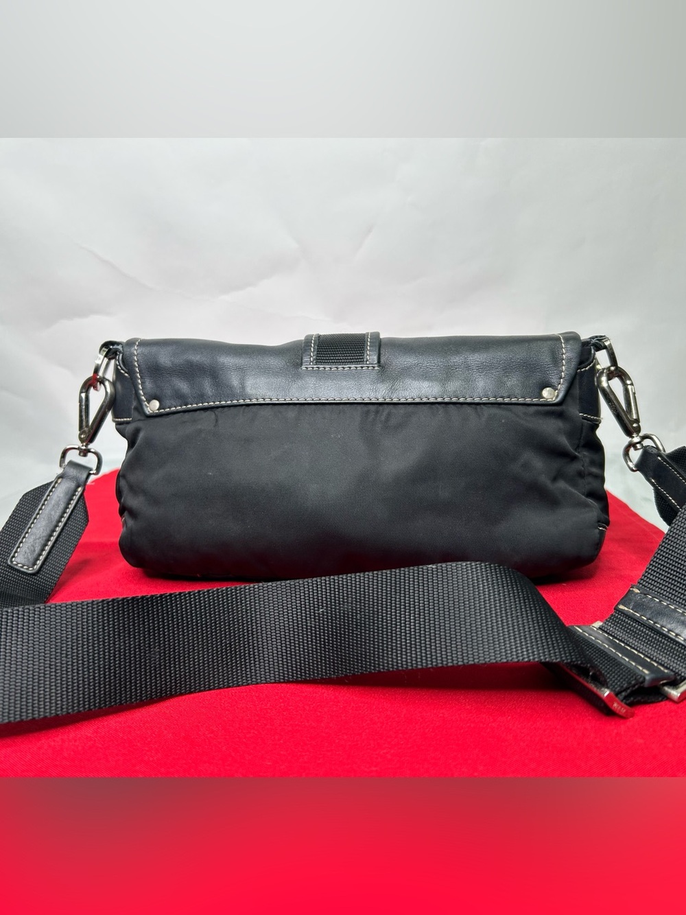 Prada Vintage Purse Nylon Leather Tessuto Silver Tone Hardware Accent - Picture 12 of 16